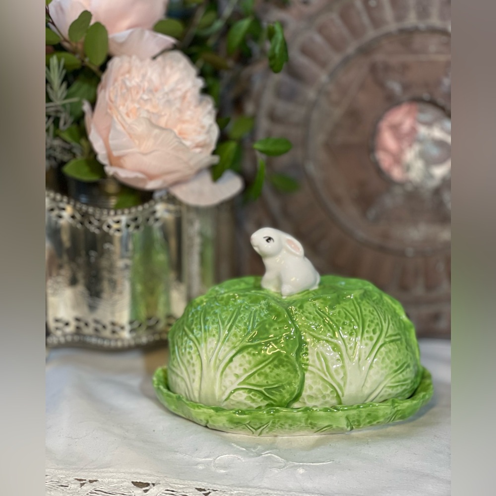 Arlington green cabbage bunny rabbit ceramic butter dish